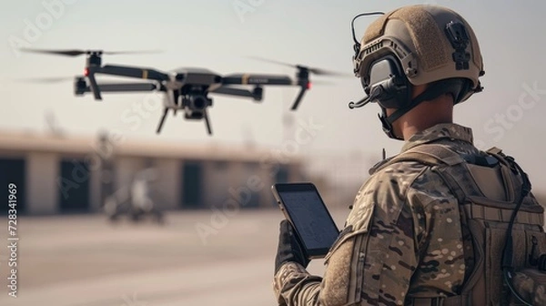 Obraz Modern warfare, soldiers using drones for strike and reconnaissance