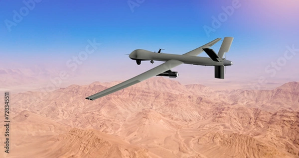 Fototapeta MQ military drone flying over desert on the Middle East