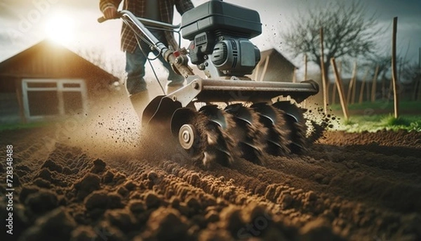 Obraz A gardener uses a rototiller to churn and aerate the earth, preparing the ground for planting, showcasing the transformation of compact soil into a fertile bed. Zooming in tilling the soil- Groundwork