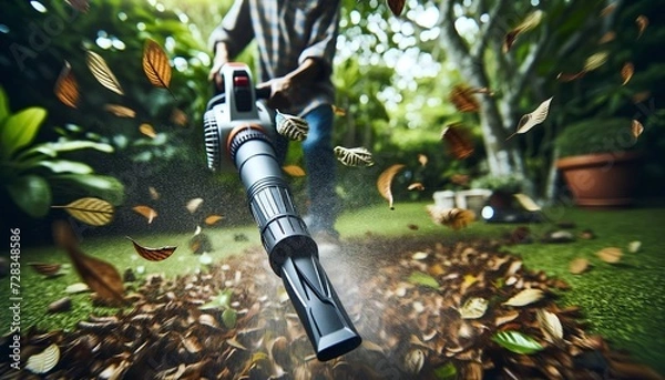 Obraz using a leaf blower - Leaves and debris are whisked away by the powerful blast of a leaf blower, cleaning up garden paths and lawns with efficiency.