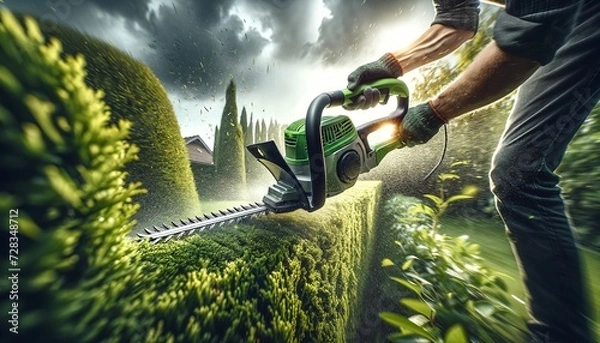 Obraz using a hedge trimmer - The buzzing blades of a hedge trimmer shape and tidy a hedge, creating clean lines and promoting dense foliage.