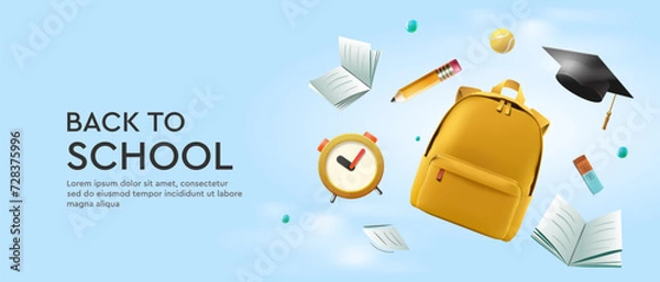 Obraz Back to school. Bright web banner with school supplies. Flying stationery on blue clouds background. Advertising of educational institutions, shops selling school attributes, vector illustration