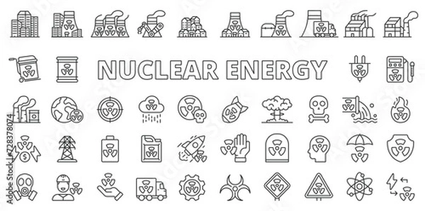 Fototapeta Radioactive energy icons in line design. Reactor, power, plant, radiation, electricity, atomic, danger, nuclear isolated on white background vector. Radioactive energy editable stroke icon.