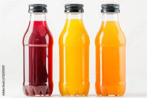 Fototapeta Three bottles of natural vegetable or fruit juices with black caps without labels isolated on a white background 