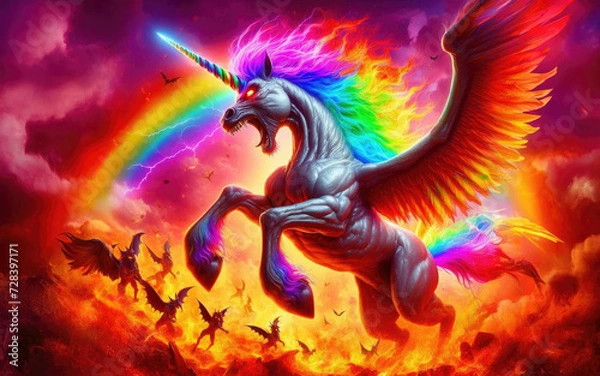 Fototapeta Angry unicorn. White unicorn with a pink and white mane and tail emits a rainbow.
