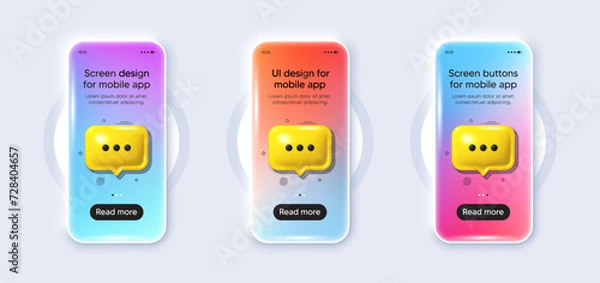 Fototapeta Realistic smartphone 3d mockup. Phone device template for presentation. Cellphone frame with 3d speech bubbles. Phone application with gradient screen, chat bubble. Cellphone app. Vector illustration