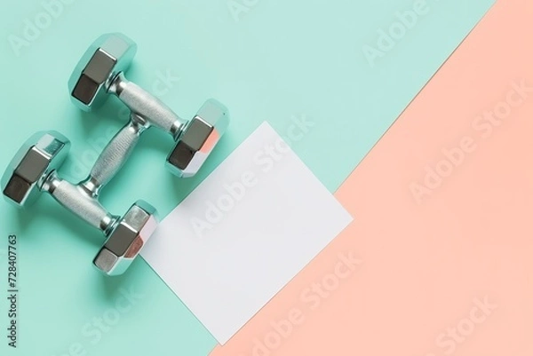Fototapeta Aerial Composition Featuring Pastel Toned Weights and a Clean White Surface for Text Placement
