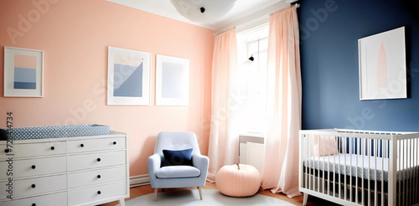 Fototapeta Tender Tranquility: Soft Pastels Infuse a Scandinavian Nursery with the Calm of Peach, Indigo, and Black with Artistic Camera Focus Type