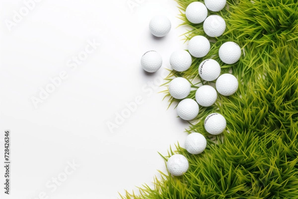 Fototapeta Sports style border design with golf balls and flatlay grass background.