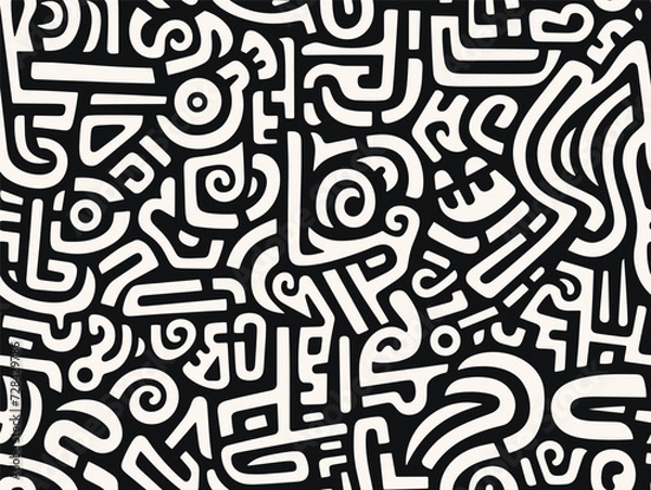 Fototapeta Perfectly seamless pattern, vector repeated abstract african texture. Tribal shapes background, black and white monochrome wallpaper