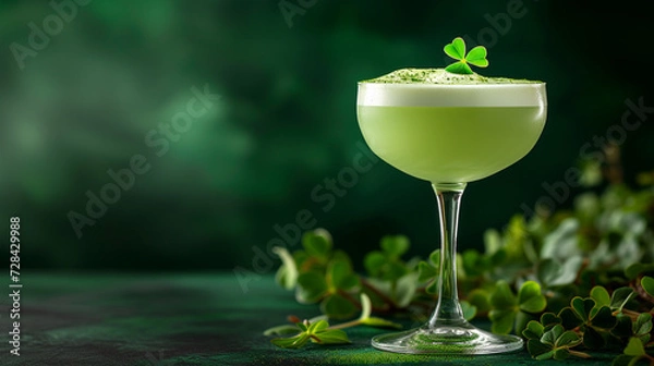 Fototapeta Green St. Patrick's Day Themed Cocktails with Shamrock Clover Decorations - On Moody Background with Studio Lighting Effect - Irish Color Scheme for Holiday and Celebrations