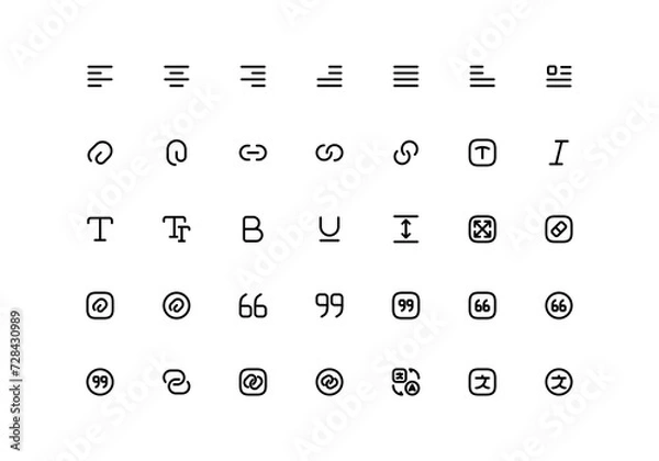 Obraz Type, paragraph and character line icons set. Text editing, alignment, format and other buttons.