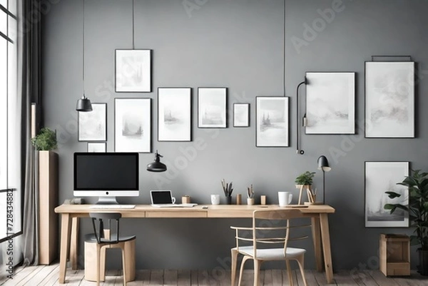 Fototapeta Posters on grey wall above wooden desk with computer monitor in open space interior