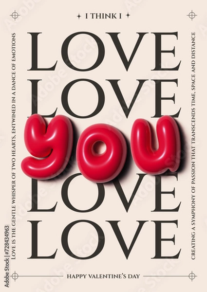 Fototapeta Poster with inflated red letters, Valentine's day greeting card. High quality photo with text