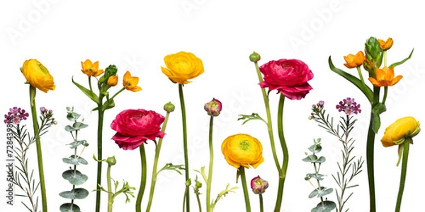 Fototapeta bunte, gelbe und rote farbenfrohe, fröhliche Blumen nebeneinander in einer Reihe freigestellt vor weißem Hintergrund. Platz für Text