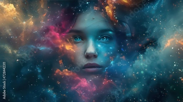Fototapeta 
Beautiful fantasy abstract portrait of a beautiful woman double exposure with a colorful digital paint splash or space