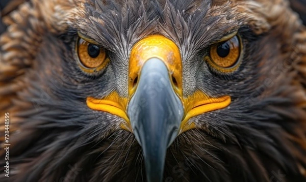 Fototapeta A macro portrait of amazing eagle, capturing the intricate patterns of its feathers and the striking details of its eyes and beak.