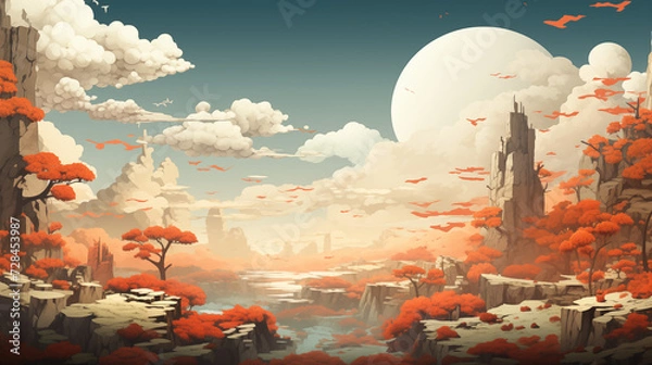 Fototapeta happy funny nice magic fairyland with sun mushrooms and other trippy things