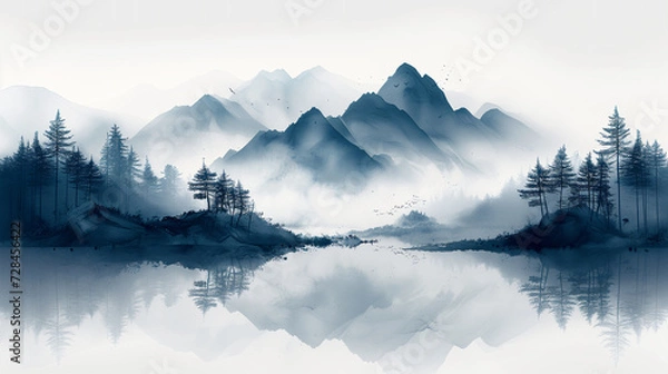 Fototapeta A beautiful fantasy landscape on a white background. Mountains, trees, fog. Watercolor painting. Abstract intricate splashes of paint on a white background. Generative AI.
