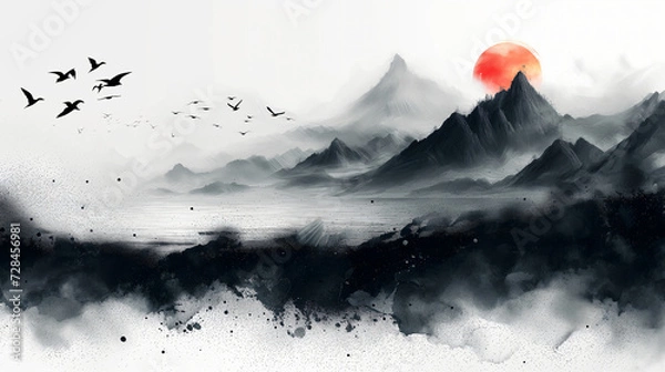 Fototapeta A beautiful fantasy landscape on a white background. Mountains, trees, fog. Watercolor painting. Abstract intricate splashes of paint on a white background. Generative AI.