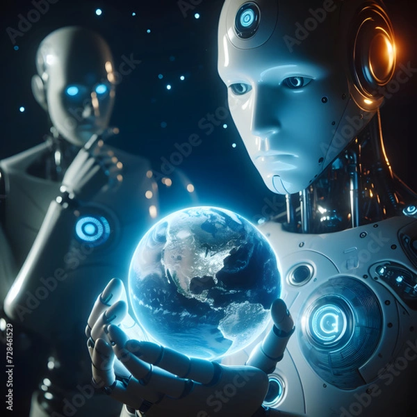 Fototapeta AI robot holding earth globe in hands. Concept of AI technology controlling the world.