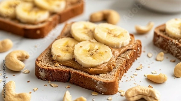 Fototapeta Toast with nut butter, banana slices and cashews on white table, closeup