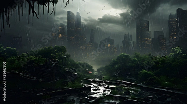 Obraz  Post-apocalyptic cityscape during a rainstorm
