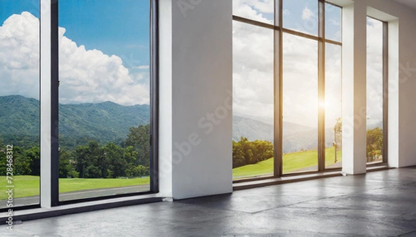 Fototapeta Blank white wall in concrete office with large windows Mockup 3D rendering