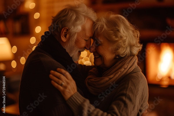 Obraz An older couple dances close, eyes closed, in the warm glow of their living room, lost in a lifetime of shared moments. A tender portrait of enduring love and modern aging.