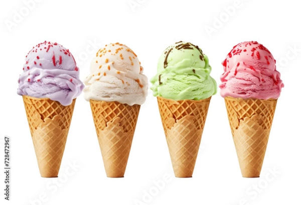 Fototapeta set of Colorful Ice Cream Scoops in Waffle Cones with a different topping Isolated on transparent background