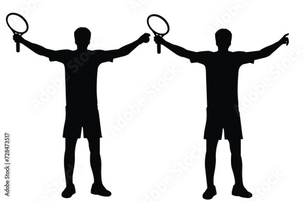 Obraz Two black silhouettes of the winning tennis player standing straight with his arms raised with a racket and a ball