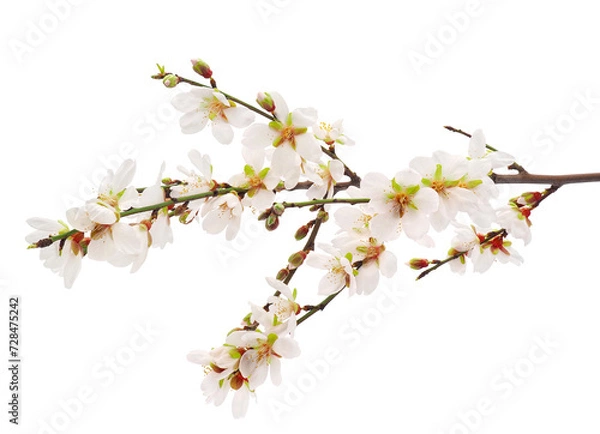 Obraz Blossoming almond tree branch isolated on white background, Prunus amygdalus