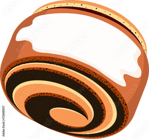 Obraz A sweet bun with poppy seeds and icing. A symbol of the baking assortment. Cartoon bun, snail.