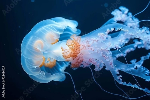 Fototapeta Gracefully gliding through the depths, a bioluminescent jellyfish illuminates the dark waters, showcasing the wonder of marine invertebrates
