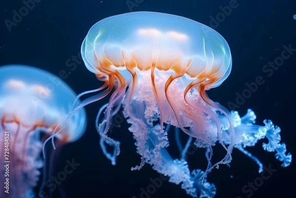 Fototapeta An ethereal display of bioluminescent jellyfish gracefully glide through the dark depths of the aquarium, showcasing the delicate beauty of these marine invertebrates