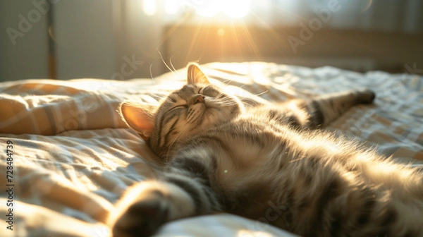 Fototapeta Siberian cat sleeping on bed at home, closeup view