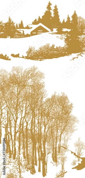 Obraz graphic drawing, composition: winter landscape with country cottage, trees and snow, illustration
