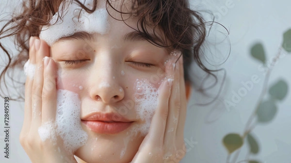 Obraz 健康的な美肌へのステップ：泡で優しく洗顔する日本人女性