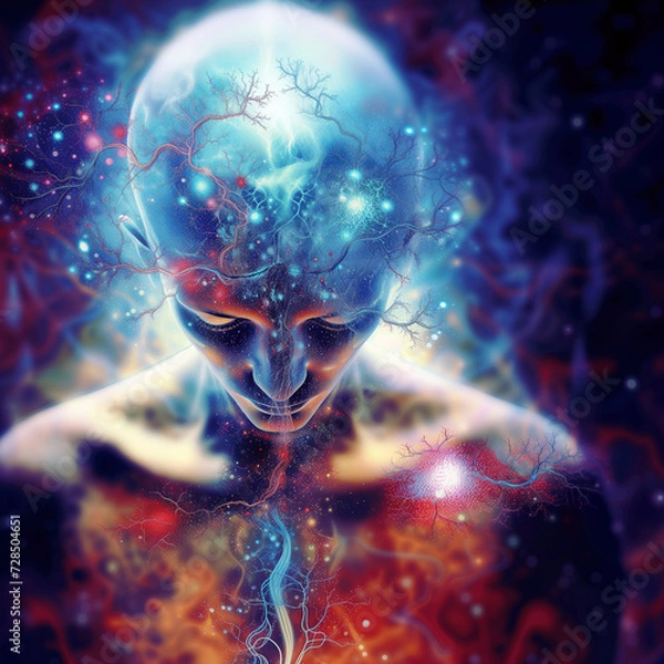 Fototapeta Psychedelic Inner Journey: Human & Cosmic Tree Fusion - Surreal Interpretation of Non-Duality & Enlightenment - Spiritual Growth & Oneness with the Universe