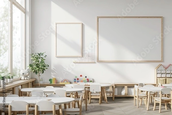 Fototapeta Blank Mockup Frame in Tender Baby Nursery Interior, Empty Space,Adorable Baby Room Mockup, Empty Frame