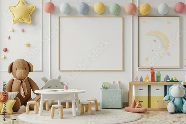 Fototapeta Blank Mockup Frame in Tender Baby Nursery Interior, Empty Space,Adorable Baby Room Mockup, Empty Frame
