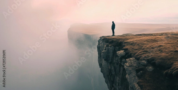 Fototapeta Man standing on the edge of a cliff and looking at the sunset,Silhouette of a man standing on the edge of a cliff in the fog. Generative Ai content