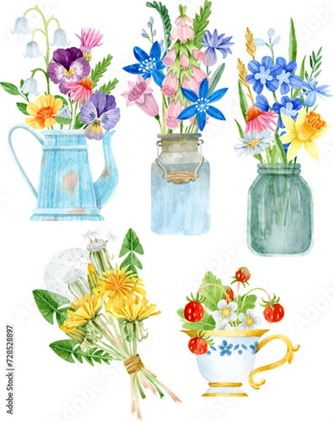 Obraz Watercolor wildflowers bouquets in watering can, jar and cup. Dandelion bouquet