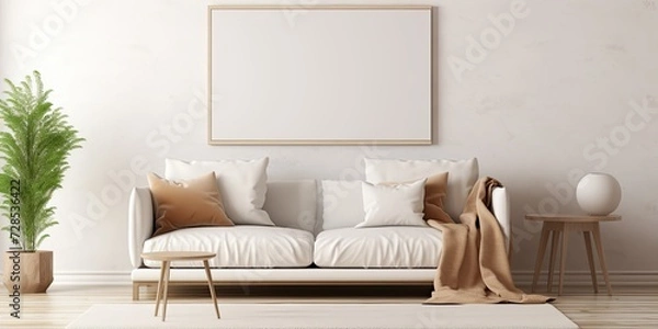 Fototapeta Cozy home decor template with warm brown sofa, beige carpet, mock up poster frame, and coffee table.