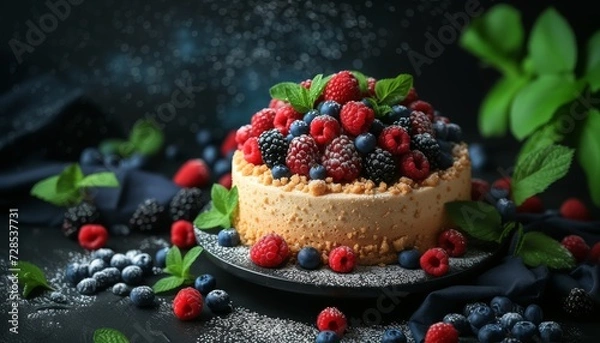 Fototapeta Dessert, with berries, cake on a black background.,  and blueberry cheesecake, 