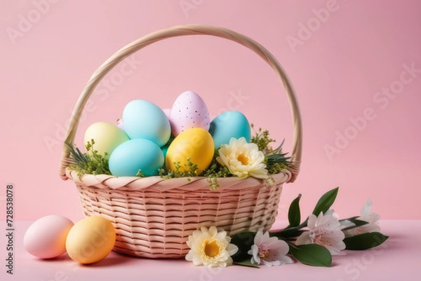 Fototapeta Basket with colorful Easter eggs and blooming flowers on the table on pink background.