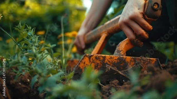 Fototapeta A person is seen using a shovel to dig in a garden. This image can be used to depict gardening, landscaping, or outdoor activities