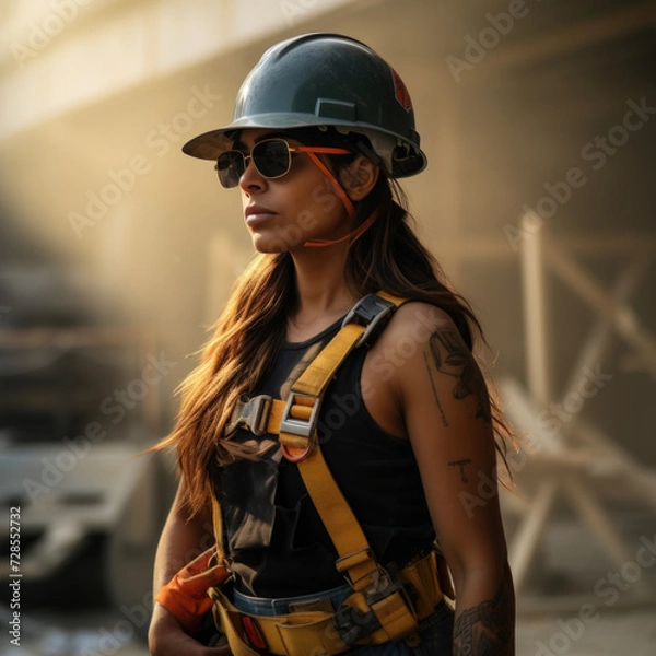 Obraz A confident woman with tattoos wearing a hard hat and safety harness at a construction site during golden hour