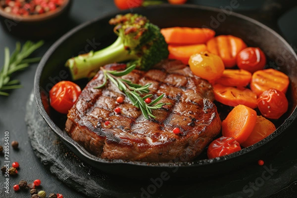 Obraz Grilled beef steak with grilled vegetables, with carrots, tomatoes, in a cast iron pan. AI Generated