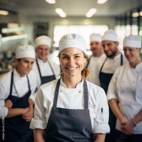 Fototapeta A smiling female chef in white hat and apron stands in front of her team of professional chefs in a commercial kitchen